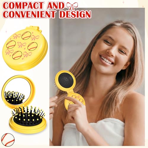 12 Pcs Softball Mini Hair Brush with Mirror – Folding Travel Hairbrush Set