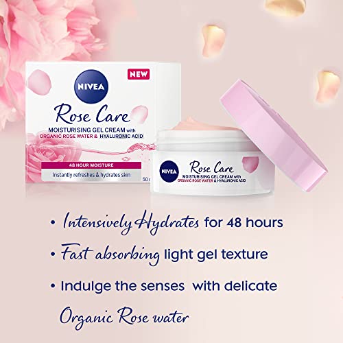 NIVEA Rose Water & Hyaluronic Acid 24h Face Moisturizer - Light Gel Cream for Sensitive Skin, 50ml