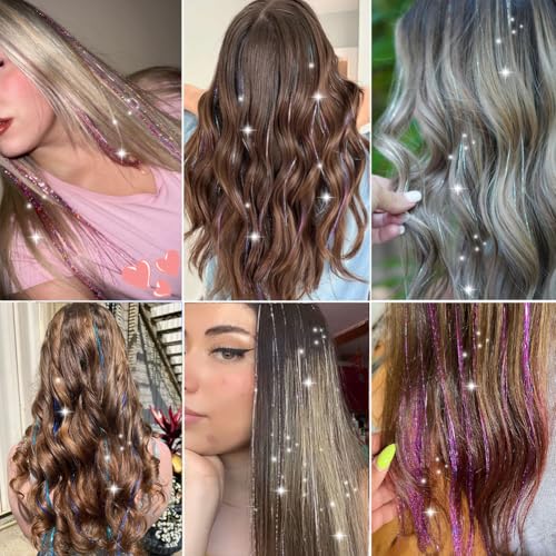 MISSUHUI 12 Pcs Clip-In Hair Tinsel Extensions 23.6 Inch Lake Blue Sparkling Hair Accessories