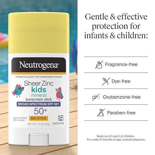 Neutrogena Sheer Zinc Oxide Kids Mineral Sunscreen Stick, SPF 50 Plus UVA/UVB Broad Spectrum Protection, Water-Resistant Sunscreen Stick, Gentle on Sensitive Skin, Dermatologist Recommended, 1.5 oz