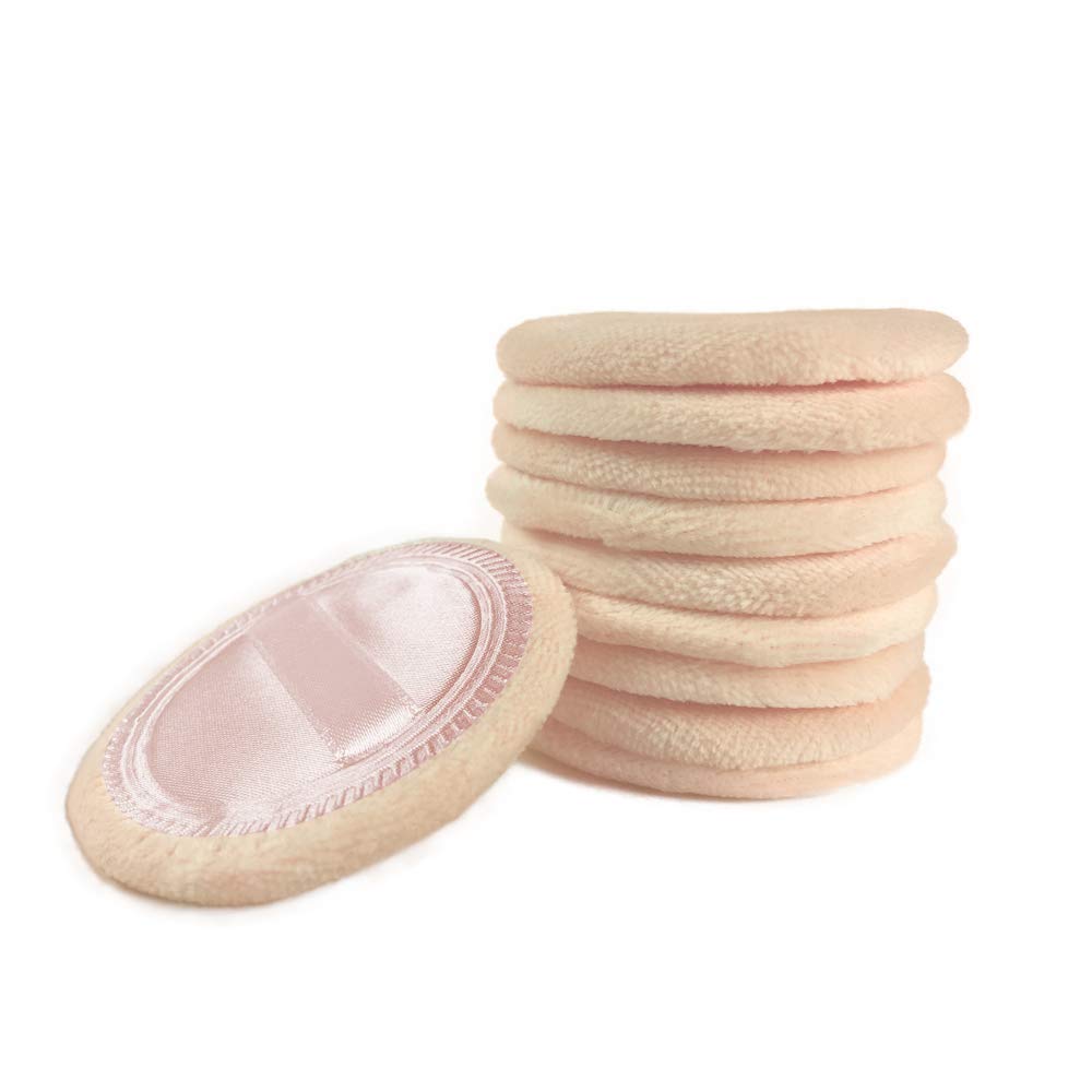 Powder Puff Cotton Makeup Pads - 10pcs Cosmetic Face Puffs with Ribbon | 2.36 Inch Beige