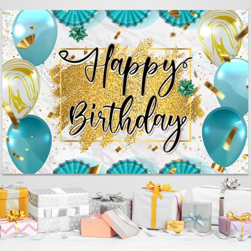 Teal & Gold Happy Birthday Backdrop Banner - 5.9x3.9FT Party Decor