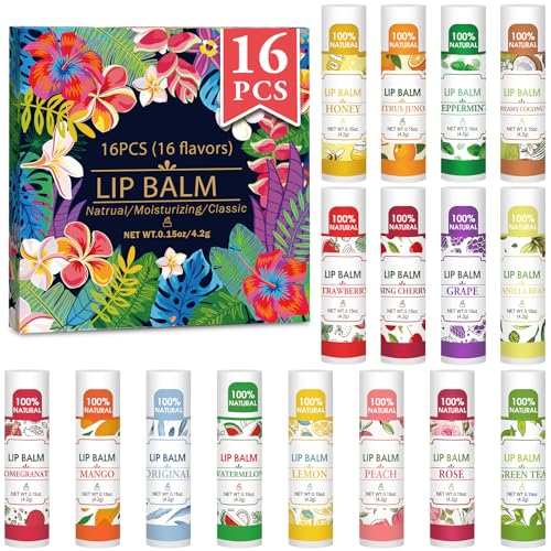 VISRIE 16-Pack Natural Lip Balm Set with 16 Flavors