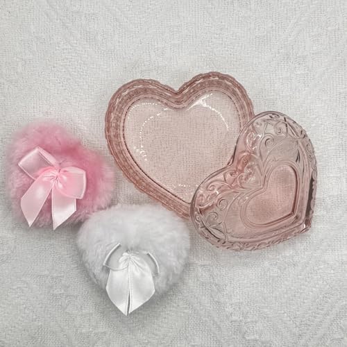 Pink Heart Glass Powder Puff Container with 2 Soft Puffs