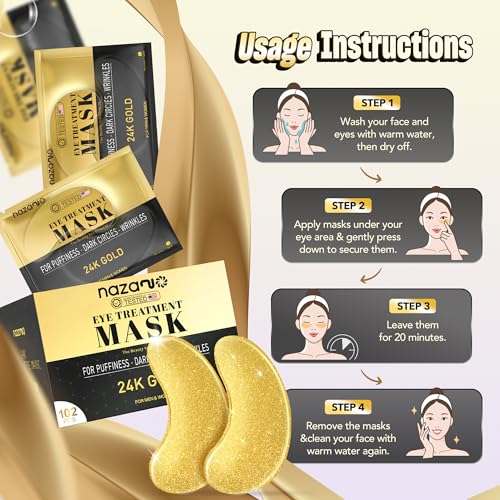 NAZANO 102 Pcs 24K Gold Under Eye Patches - Hydrating Eye Masks for Dark Circles