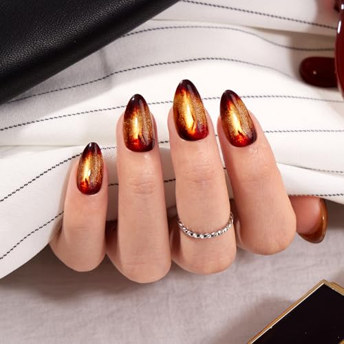 VSALON Press on Nails Short Almond - A2 Warm Fireplace, Golden Cat Eye Flame Design, 32 PCS