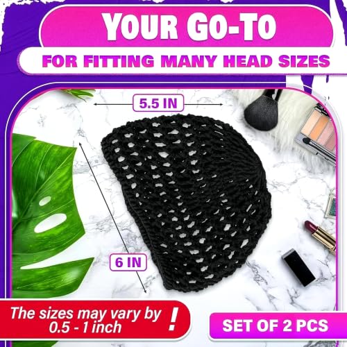 2 Pcs Crochet Hair Net for Sleeping, Breathable, Polyester (Black)