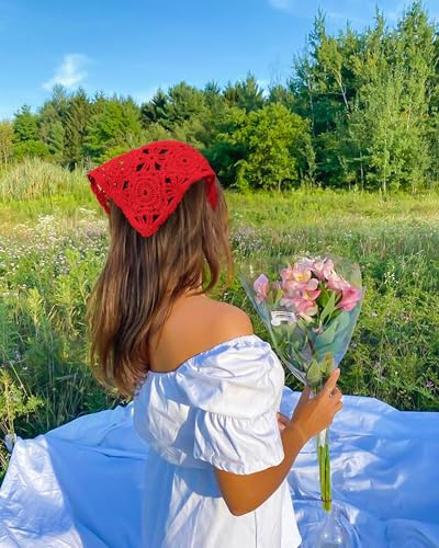 Boho Crochet Hair Bandanas for Women - Black & Red (2 Pcs)