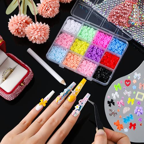 LERBOU Set 2 5-Box 3D Nail Art Accessories Kit with 24-Color Resin Rhinestones