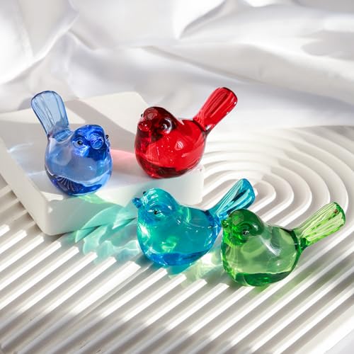 Handmade Blown Glass Bird Figurines Set of 2 - Green Crystal Home Decor