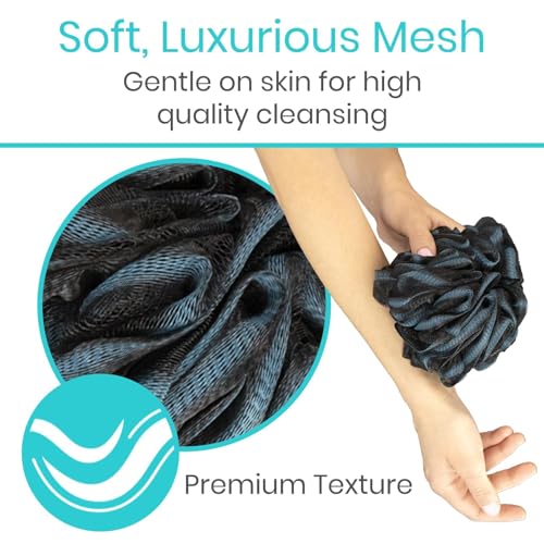 Vive Loofah Sponge Replacement Pack (Black & Blue, 4 Pack) - Exfoliating Shower Pouf for Body and Back