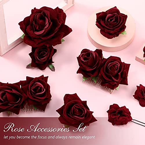 Wine Red Rose Hair Clips & Brooches Set for Weddings & Bridal | Floral Accessories for Women