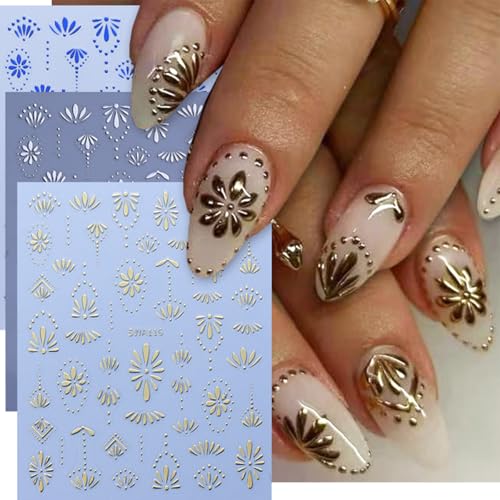 BMKKOT Bohemian Flower Nail Stickers Set - 8 Sheets Self-Adhesive 3D Nail Art Decals for Women DIY Manicure