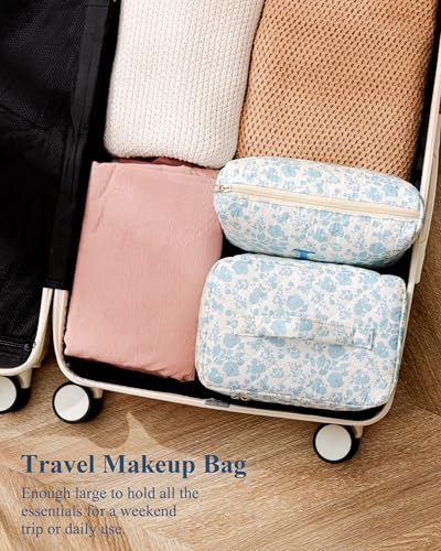 Personalized HBselect Blueflower Makeup Bag Set - 2Pcs Quilted Cosmetic Organizer