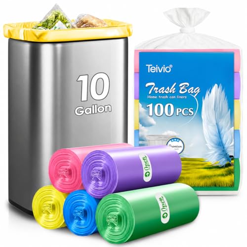 Teivio 10 Gallon Colorful Trash Bags | 100 Count Durable Kitchen Waste Bags