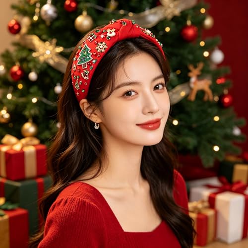 NVENF Plaid Christmas Headband with Pearls and Crystals - Wide Knot