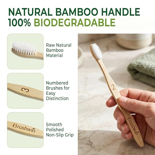BRUSHWIN 10-Pack Bamboo Toothbrushes, Soft Plant-Based Bristles Eco-Friendly