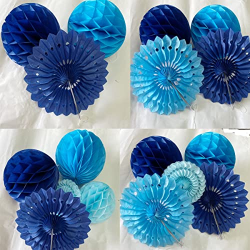 12pcs Blue Honeycomb Balls & Tissue Paper Fans for Parties