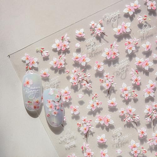 5D Cherry Blossom Nail Art Stickers - Pink Floral Decals for DIY Manicure