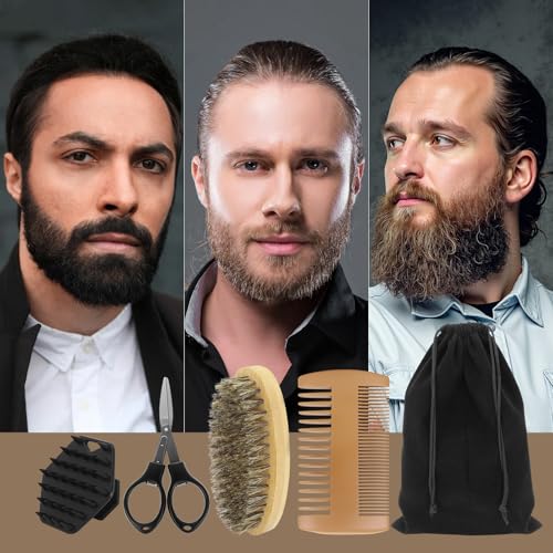 Tonhawness 5-in-1 Beard Grooming Kit with Boar Bristle Brush, Wooden Comb, Scissors & Cleaning Brushes