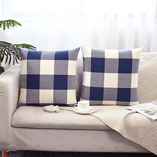 Tosewever Set of 2 Blue & White Buffalo Check Pillow Covers - 20" x 20" Cotton Linen Cushion Cases for Farmhouse Home Decor