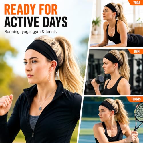 Calbeing 5-Pack Wide Black Headbands for Women – Non-Slip Elastic Sweatbands (5 Pure Black)
