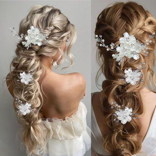 Supgoodom Glitter Emboss White Flower Bridal Hair Clips & Pins Set - Crystal Pearl Wedding Accessories