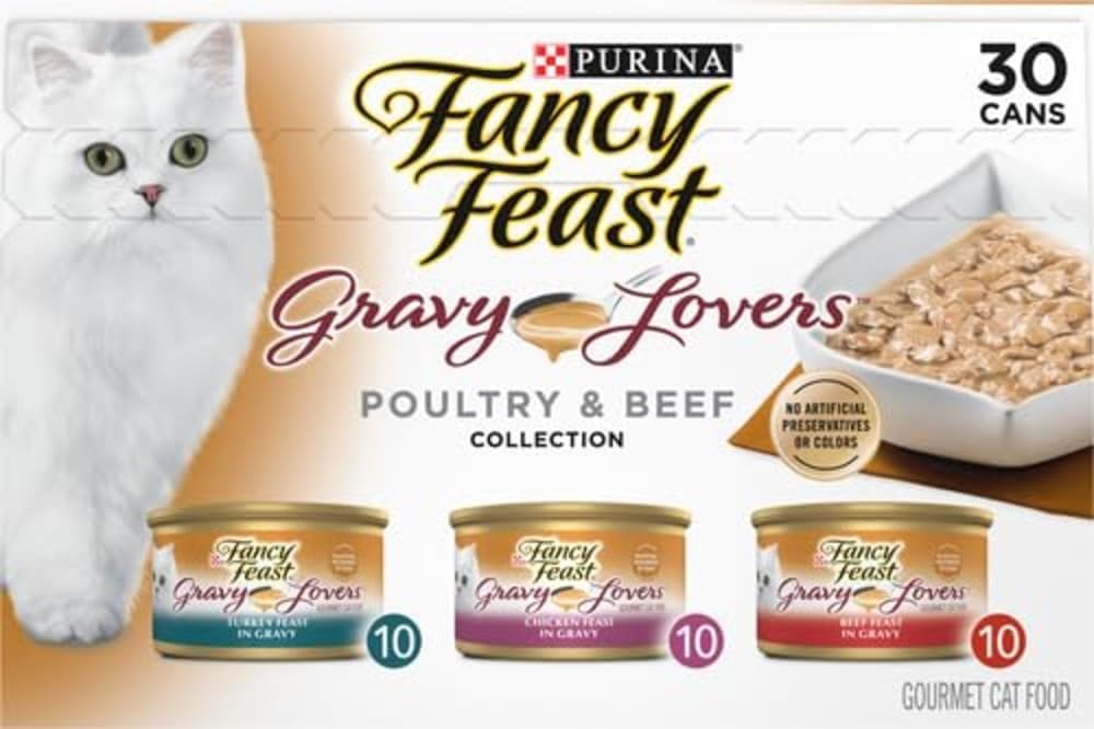 Purina Fancy Feast Gravy Lovers Wet Cat Food Variety Pack | Poultry & Beef, 30 Cans, 3 oz Each