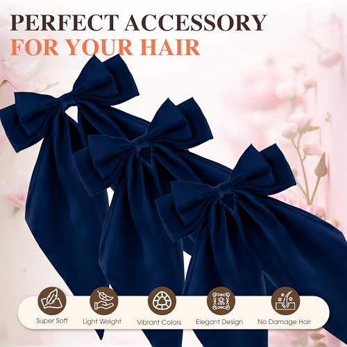 Navy Blue Silk Hair Bows 3P with Barrette Clips - Oversized Long Tail Coquette Style