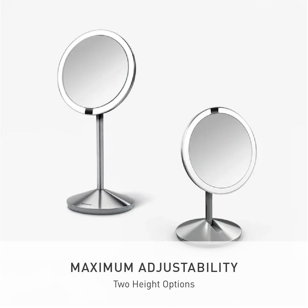 simplehuman Sensor Mirror Fold, 5'' with 10X Magnification, Round Rechargeable Travel Makeup Mirror, Tru-Lux® Full-Spectrum Light, Adjustable Brightness & Height, Brushed Stainless Steel