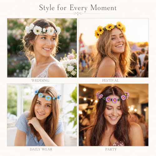 Lawie Boho Sunflower Daisy Flower Crown with Ribbon - Bridal Hair Wreath for Women
