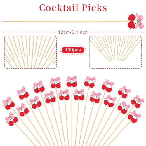 100 Pcs Cherry Bow Cocktail Picks - Bamboo Appetizer Skewers