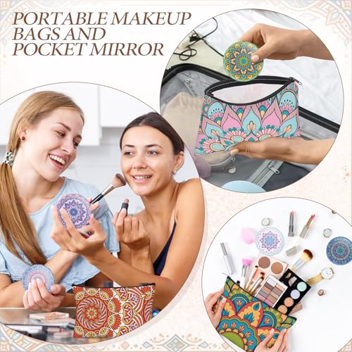 Sadnyy Mandala Gift Set 20 Pcs - Geometric Canvas Makeup Bags & Compact Mirrors for Women, Birthday & Wedding Gifts