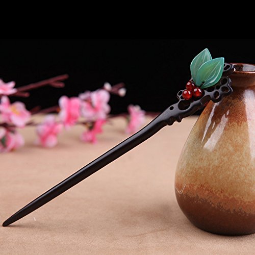Handmade Ebony Wood Hair Stick - Vintage Leaf Carved Hair Chopstick