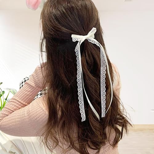 2 Pcs White Lace Hair Bow Clips with Long Tail - Elegant Ribbon Bows