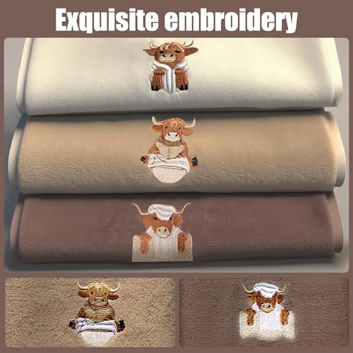 Highland Cow Hand Towels – Set of 3, 100% Cotton, Rustic Design