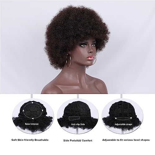 Short Kinky Curly Afro Wig with Bangs - Brown Synthetic 70s Disco Hair