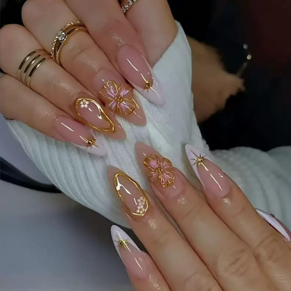 Almond Press On Nails - 24pcs Short Artificial False Nails with Simple Style Designs, Glossy Glue On Stick On Nails for Women's Manicure
