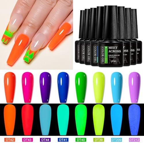 MEET ACROSS 8-Piece Glow in the Dark Gel Nail Polish Set - Neon Fluorescent