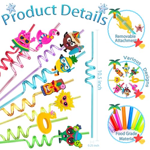 24 Reusable Hawaiian Crazy Straws with Tropical Charms