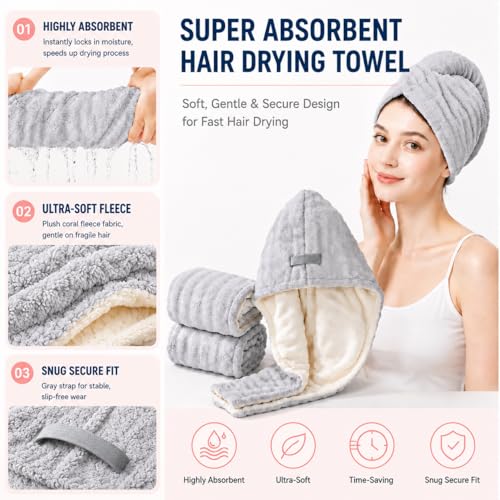 Phloeva Grey Microfiber Double-Layer Hair Towel - Thick & Quick Dry Turban for Women