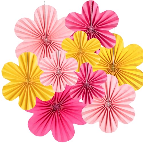 Easy Joy Pink Paper Flowers Wall Decorations - Set of 9 Fans