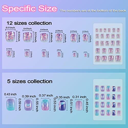 Allstarry 124 Piece Blue Mermaid Press-On Nails for Kids
