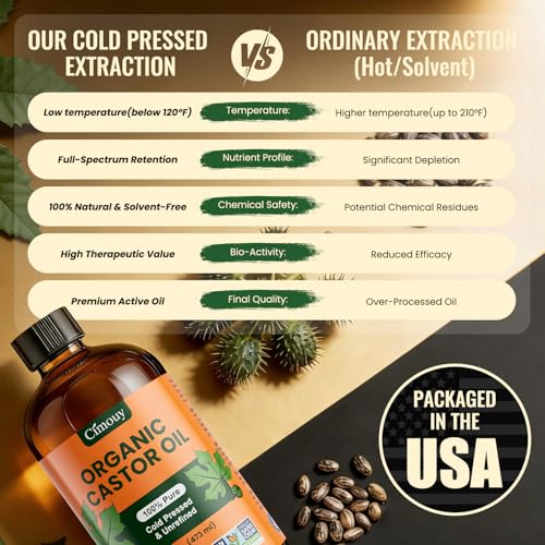 USDA Organic Castor Oil Glass Bottle 16oz, Hexane Free, Vegan, EWG Verified 100% Pure Castor Oil Organic Cold Pressed for Hair Growth | Face Skin | Eyelashes Brows | Body Massage Castor Oil Pack Wrap