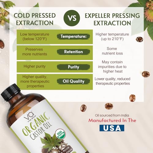 VITAL AFFAIR Organic Castor Oil 16 oz - Cold Pressed, Hexane Free & Unrefined Glass Bottle for Pack Wrap Routine, Hair Growth, Skincare, Face & Nails