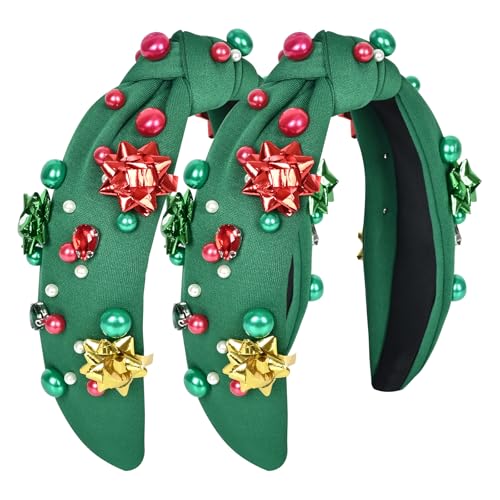 Krfapt Jeweled Plaid Headband Green - Knotted Crystal & Pearl Hair Accessory