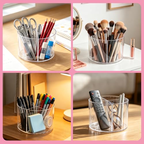 HALAGAS Round 6in Acrylic Makeup Brush Holder, 4-Slot 360° Rotating Organizer