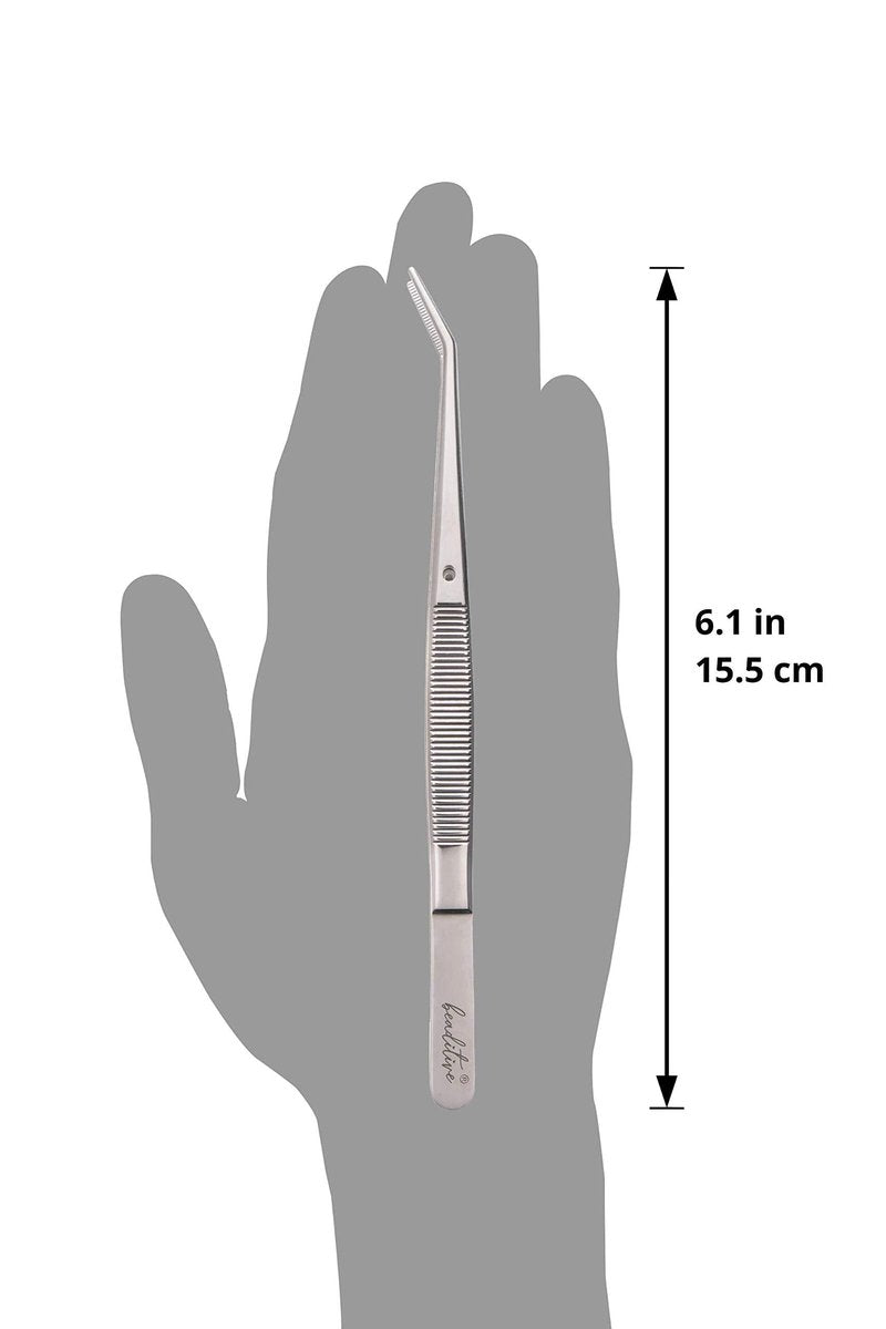 Beaditive 6-inch Sewing Machine Tweezers Set (3-PC) Serrated Bent Tips | Professional Grade, High Precision | Stainless Steel