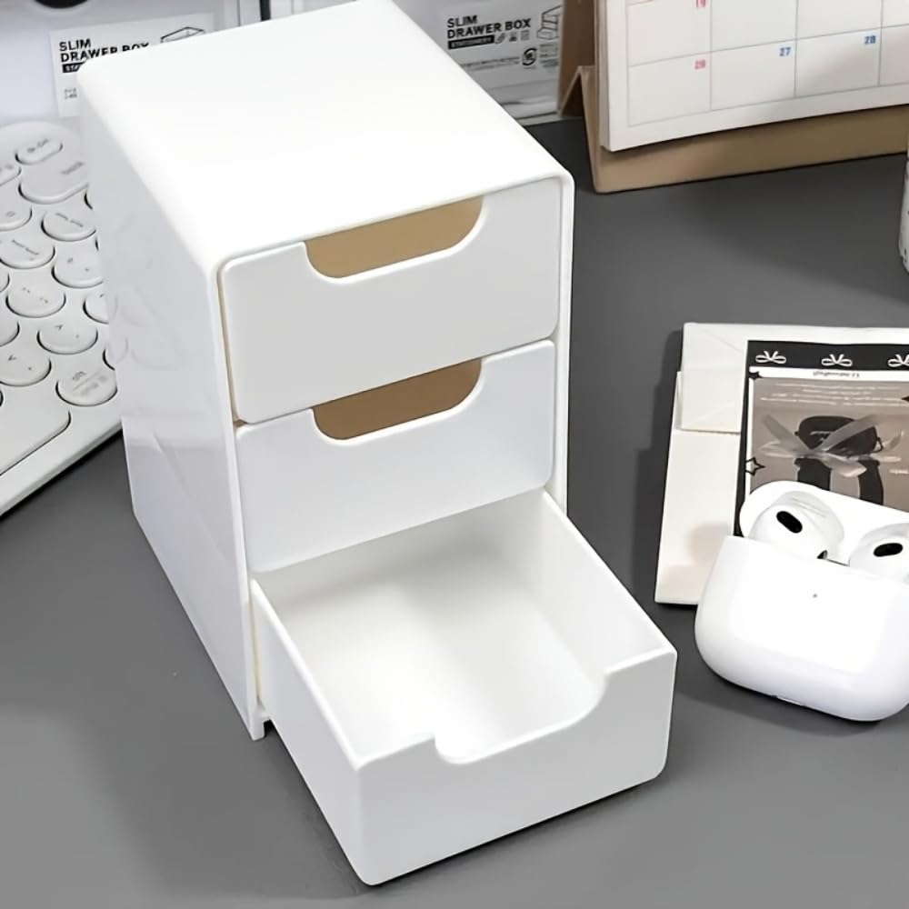 Three-Compartment Drawer Organizer Slim Stackable Portable Desk Office Jewelry Cosmetics for Desktop Drawers and Countertops, White