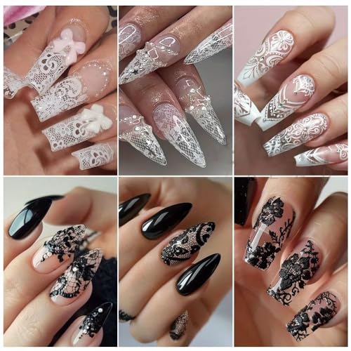 Qdsuh Lace01 Black & White Floral Nail Foil Sheets - DIY Nail Art Transfer